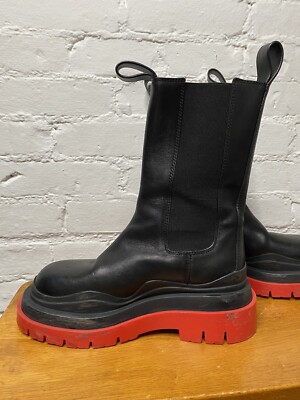 Bottega Veneta Leather Chelsea Red-Sole Tire Combat Boots Black
