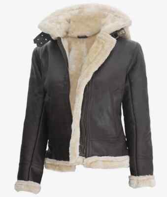 Dunkelbraune Lammfell-Lederjacke Damen mit Kapuze S