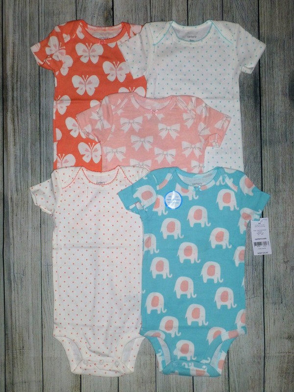 NWT Carter's Elephant Baby Girls Short Sleeve Bodysuit 5-Pack Size 12 Months