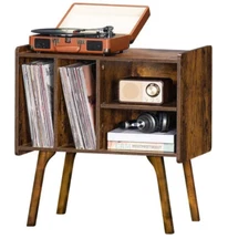 LELELINKY RECORD PLAYER STAND, VINYL RECORD STORAGE, 4 CABINETS, BROWN, 26X23X13