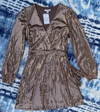 NWT Nine West x Cara Santana Sequin Faux Wrap Bronze Mini Dress Size XS YOU=💎