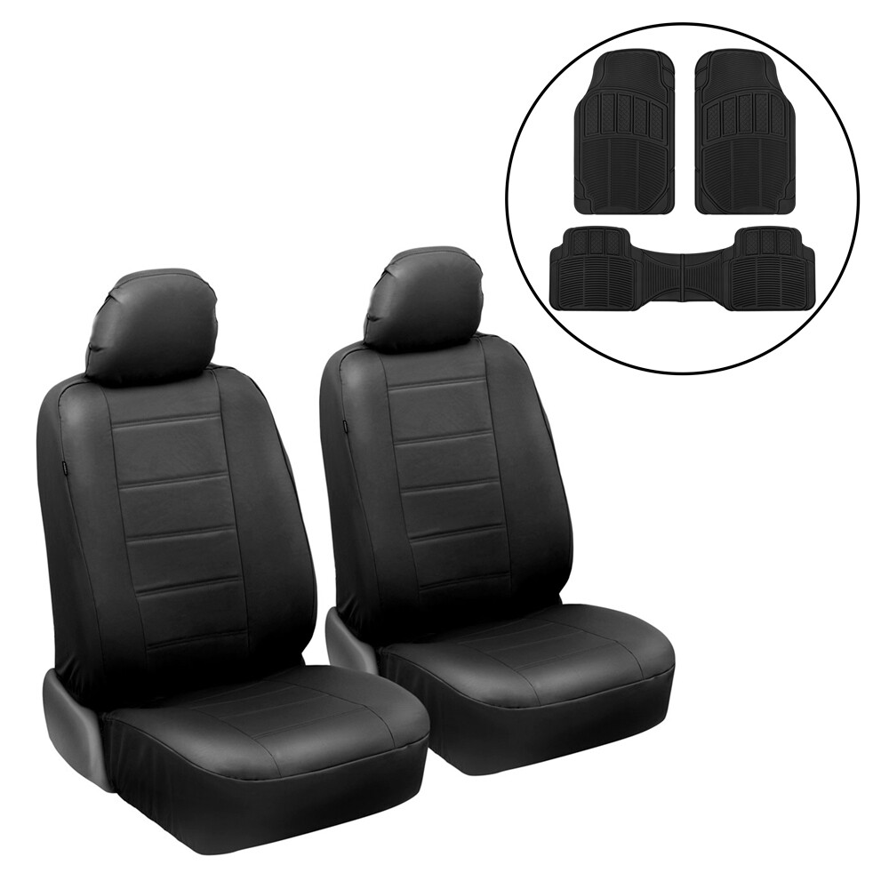 Solid Black Faux Leather Car Front Seat Covers with Black Rubber Floor Mats