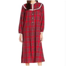 Vtg Sz L LANZ Of SALSBURG Red Plaid Flannel SLEEP Long NIGHTGOWN PJ Button
