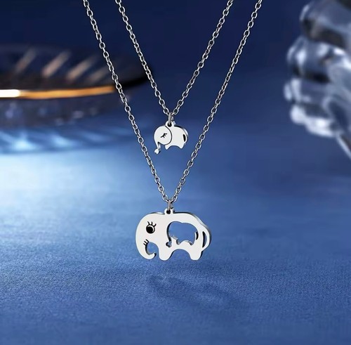 14K White Gold Plated 2-PC Mother-Daughter 18" Elephant Necklaces Set - Picture 2 of 2