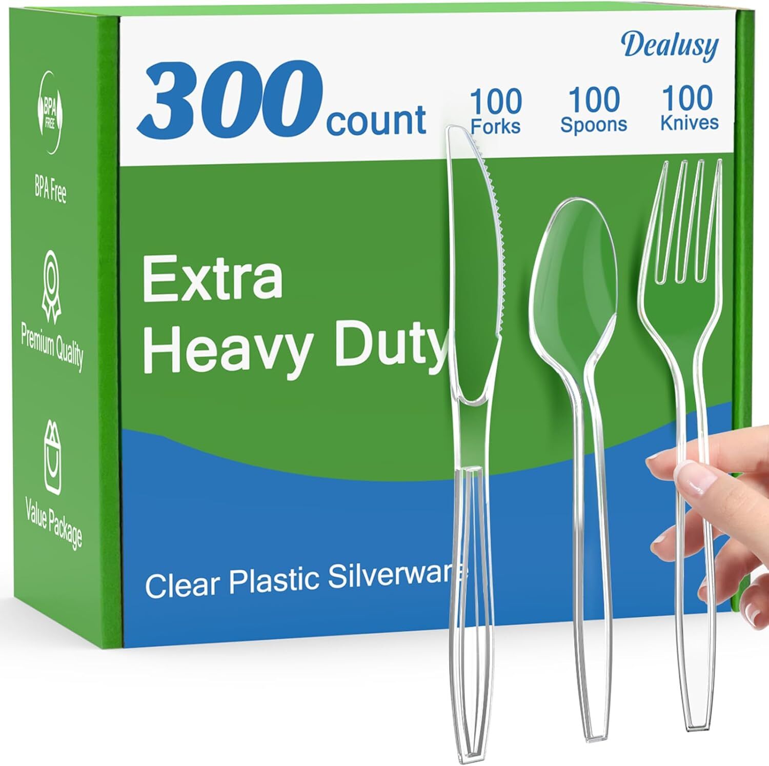 300 Count Extra Heavy Duty Clear Plastic Silverware, 100 Forks, 100