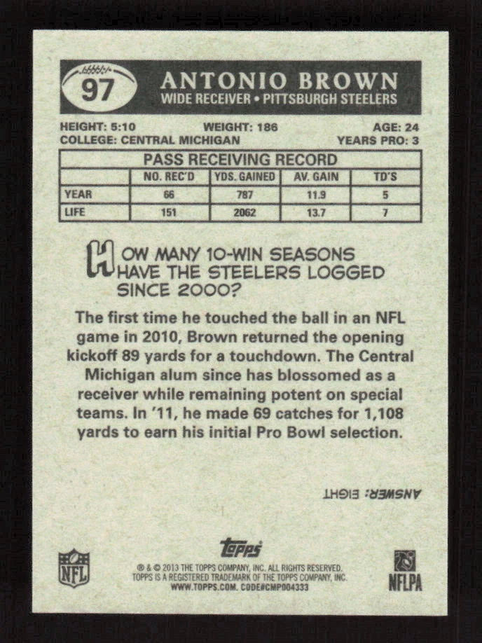 2013 Topps 1959 Minis #97 Antonio Brown Pittsburgh Steelers - Image 2 of 2