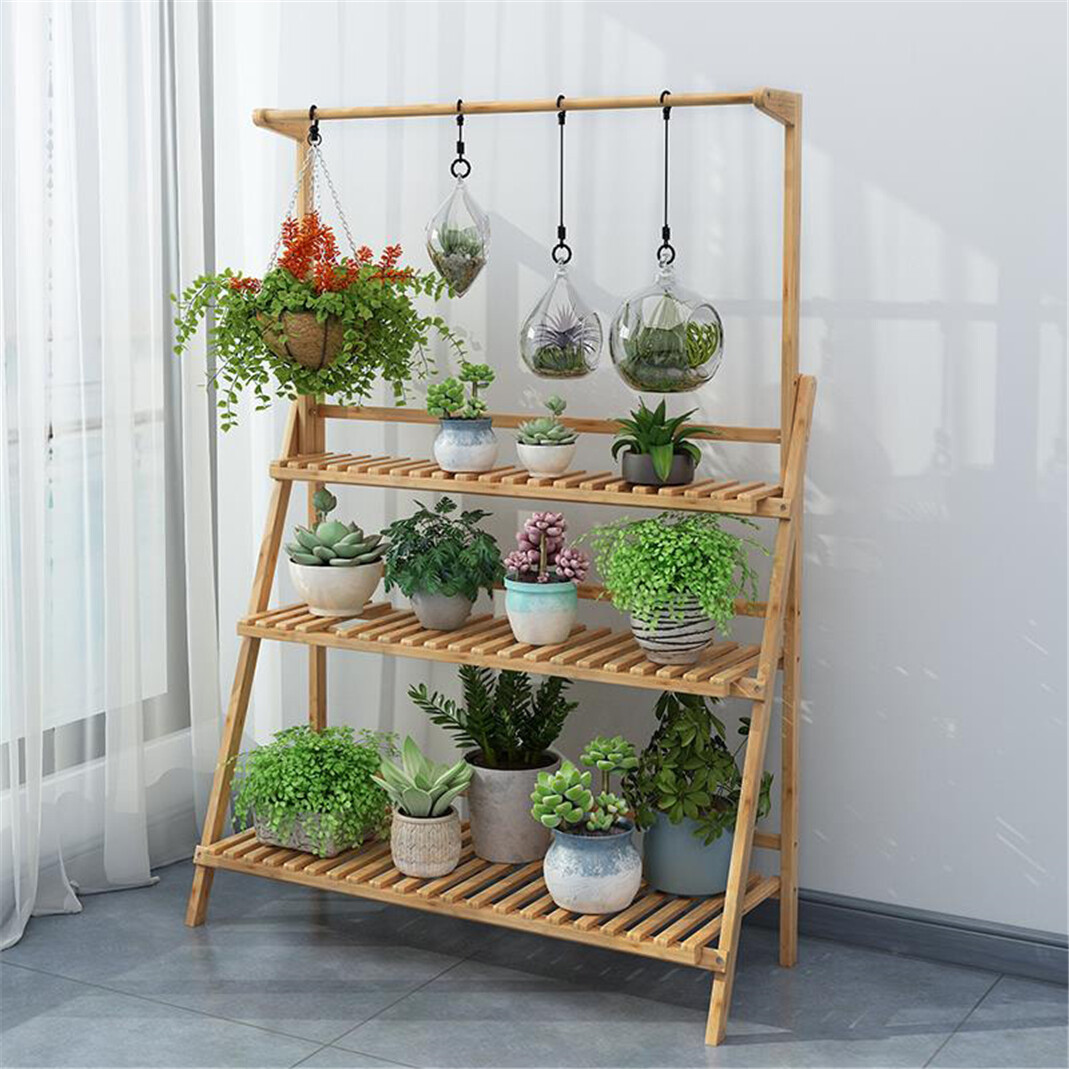 Costway - 3 Tier Bamboo Hanging Folding Plant Shelf Stand Flower Pot Display Rack Bookcase - Natural