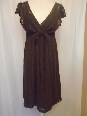 Ann Taylor LOFT V-Neck Brown Lace Crochet Overlay Dress Empire Waist Size  8P | eBay