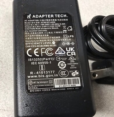 ADAPTER TECH  ATS018T-A050 5V 3A  ADAPTER POWER SOURCE ORIGINAL