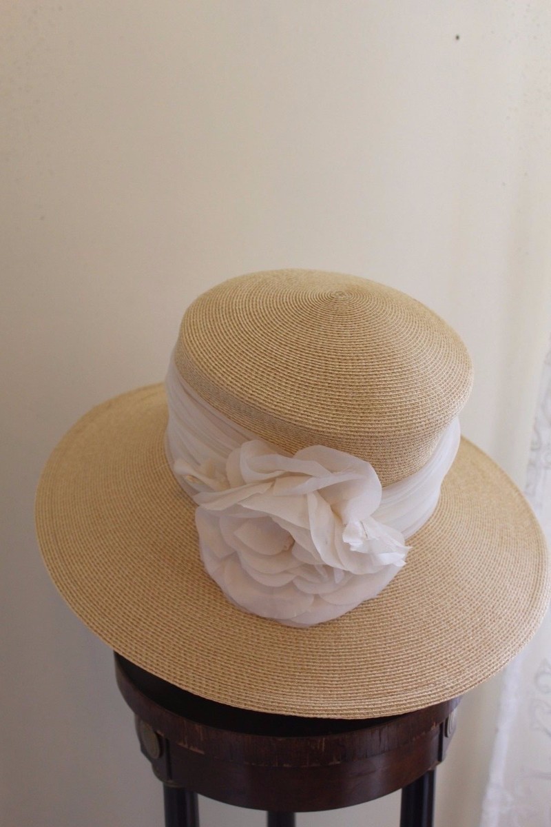 Frank Olive Stylish Wide Brim Straw Chiffon Ribbon Flower 