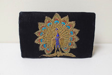 VINTAGE Black Velvet Evening Clutch Bag Purse w Embroidered Goldwork Peacock
