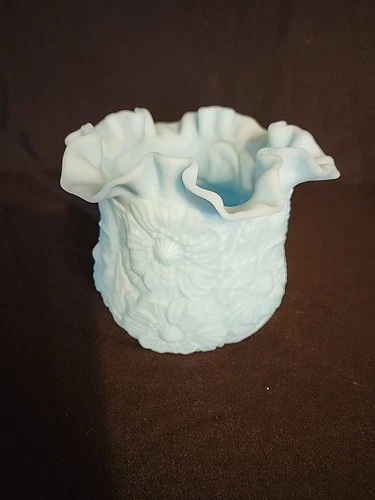 Fenton Blue Satin Poppy Design Glass Bowl Vase w Crimped Ruffled Edges Vintage