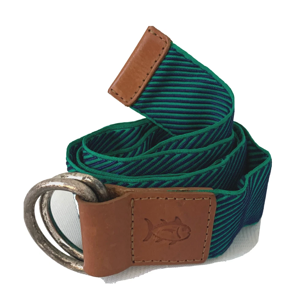 Southern Tide Belt Mens Preppy D Ring Ribbon Fish Logo Brown Green SIze Small - Image 2 of 4