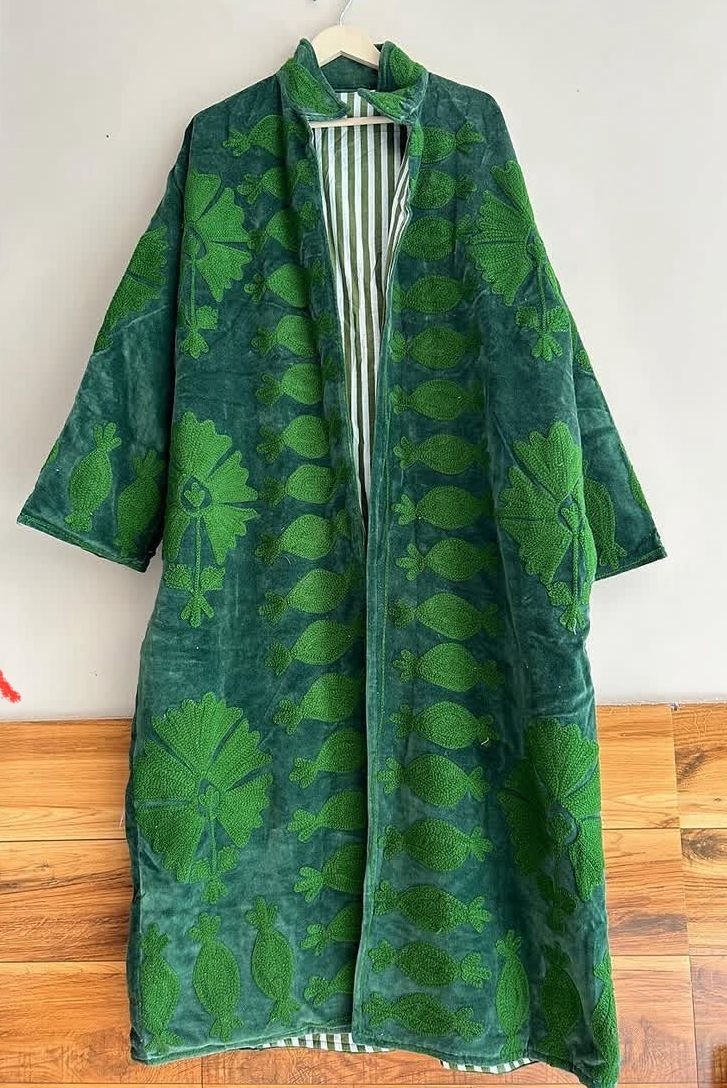 Boho Green Velvet Duster Coat Embroidered Fish Floral Long Jacket Kaftan Kimono