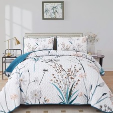 Teal Quilt California King Size Floral Botanical King Quilt Bedding Set 3 Pcs