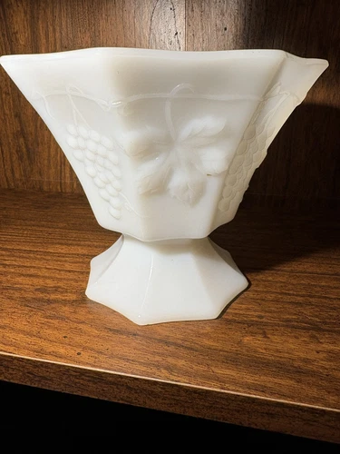 Vintage Milk Glass Footed Compote Bowl Dish Paneled Grape