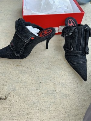 Diesel D-Venus Pocket ML Black Denim Mule Heels Women 8.5 Pointed Toe