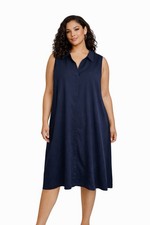 Plus Size Navy Blue A-Line Dress Collared Sleeveless Knee Length Pullover