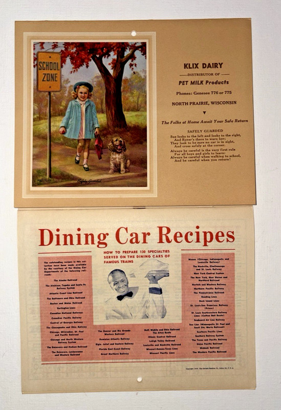 1951 Railroad Calendar W/Dining Car Recipes 