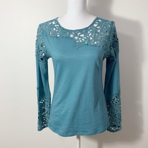 Sundance Catalog Teal Blue Long Sleeve Lace “Lovelier Days Tee” Size XS