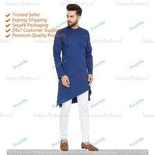 Mens Shirt Kurta Cotton Fabric Indian Dress Mens Tunic Kurta Plain Color Blue