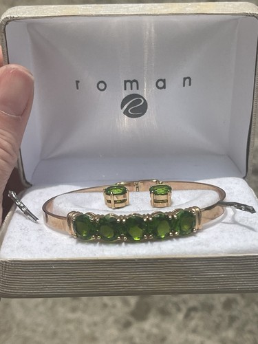 Set Bracciale E Orecchino Romano Con Scatola Gemma Verde Tono Oro Bellissimo  - Foto 4 di 6
