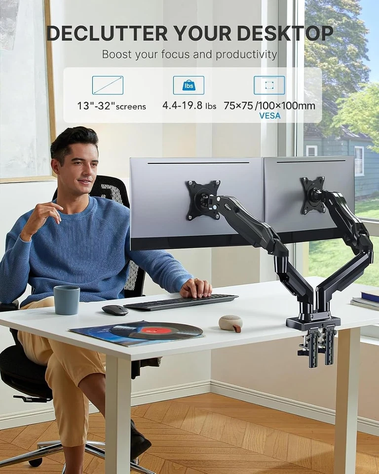 Dual Monitor Stand - Full Adjustable Monitor Desk Mount Swivel Vesa Bracket with - Image 2 of 4