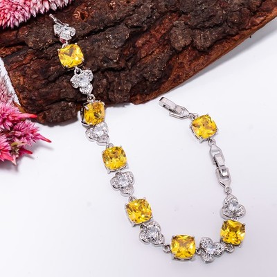 Citrine, CZ 925 Sterling Silver Adjustable Bracelet 7-8'' B14215, Gift for her
