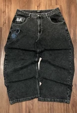 Dark Grey GLOE Baggy Jeans XL – Embroidery Graphic, Graffiti Logo Y2K JNCO-Style