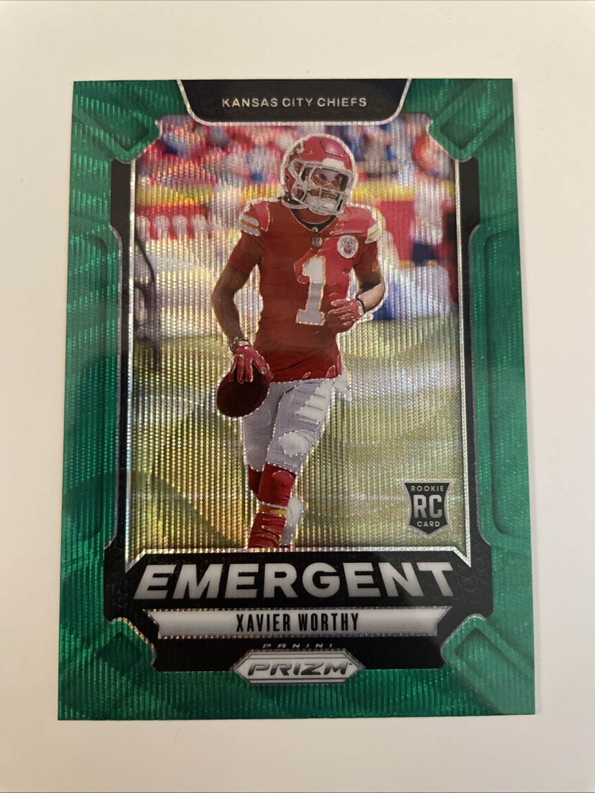2024 Panini Prizm - Emergent Xavier Worthy #7 Green Wave Prizm (RC)