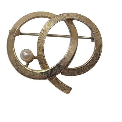 Vintage Gold Tone Open Double Circle Loop Brooch Pin with Faux Pearl