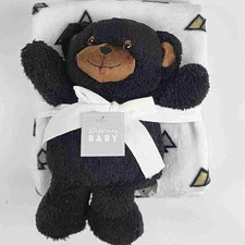 Stephan Baby Snuggle Fleece Blanket And Black Bear Plush Toy - NEW 30" x 40"