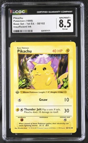 CGC 8.5 Pikachu 1999 Base Set 1st Edition Shadowless 58/102 Pokemon Card ERROR