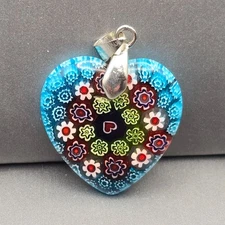 Murano Style Millefiori Glass Heart Pendant 1.25" Multicolor Floral 18k GP Bail