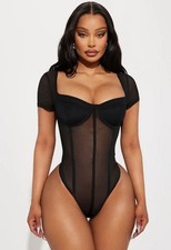 Fashion Nova Women's Mesh Bodysuit Sz M Black Sheer Underwire Short Sleeve