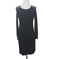 Vince Camuto Black Jersey Rayon Long Sleeve Embellished Shoulder Dress Small S