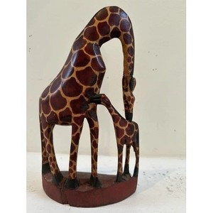 Hand Carved Wooden Mother & Baby Giraffe Statue Kenya African Art 12" Tall