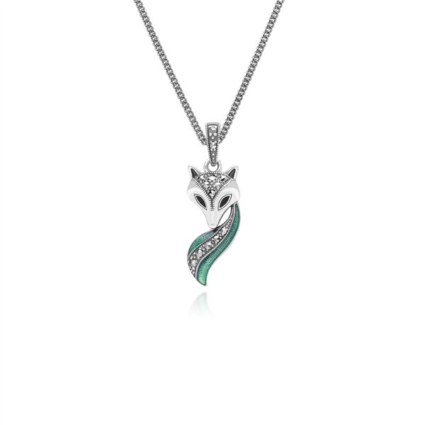 Sterlingsilber Jugendstil Markasit,GrüN & Schwarz Emaille Fox AnhäNger Halskette-image