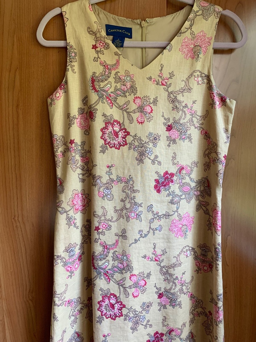Charter Club 100% Linen Lined Sleeveless Floral Dress Sz 4 - EUC Charter Club 100% Linen Lined Sleeveless Floral Dress Sz 4 - EUC