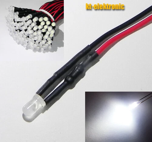 KT-ELEKTRONIC 10 x 3mm LED weiß matt/diffus mit 20cm Kabel für 12V DC verkabelt mit Widerstand