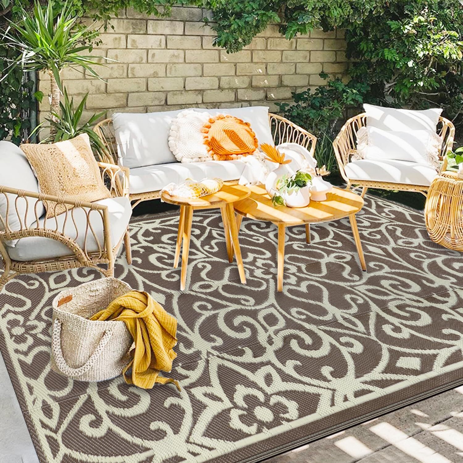 Capslpad 5'x8' Floral Outdoor Patio Rug Waterproof Plastic Straw Rug