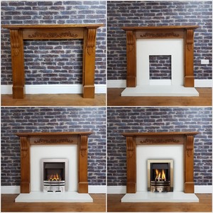 Ornate Oak Fire Surround Mantle White Stone Hearth Complete Gas