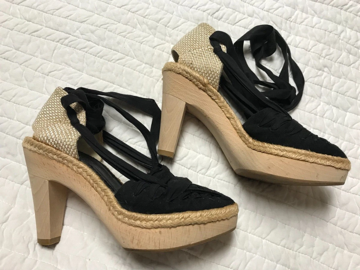 Stella McCartney Black Tan Wood Sole Platform Espadrilles Ribbon