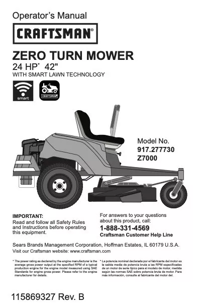 Owner s Manual Sears Craftsman Z7000 Zero Turn Riding Mower
