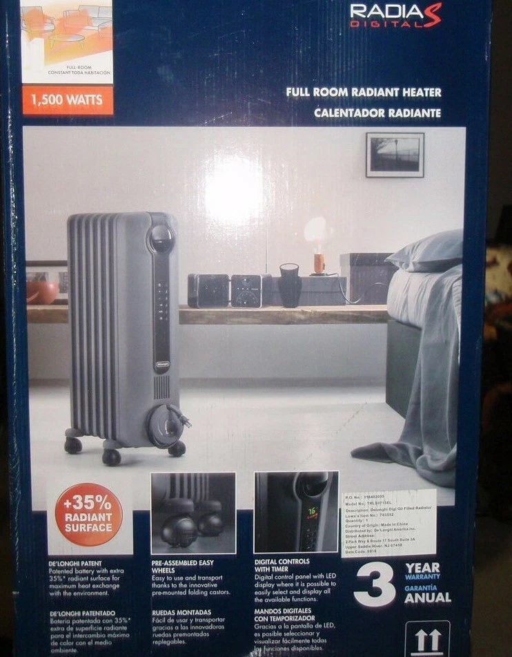 DeLonghi #TRLS0715EL Silent Radias Eco Digital Full Room 1500W Radiant  Heater | eBay