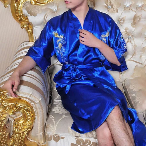 Men Satin Chinese Dragon Kimono-Silk Bathrobe Pajamas Sleepwear Gown Bath Robe - Imagen 43 de 52