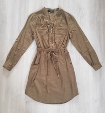 NEW LOOK size 4 petite SHIRT / UTILITY DRESS khaki V-NECK long sleeves CASUAL 