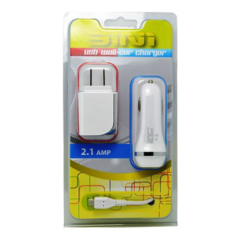 White Color 2.1A Car Charger Adapter + Wall Home Charger + USB Data Cord Cable - Image 2 of 2