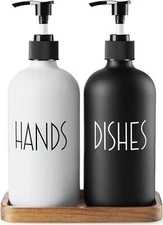 ALELION Glass Dish Soap Dispenser for Kitchen - 16 OZ Hand Black and White 