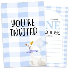 1st Birthday Invitation Card for Boys Girls Blue Silly One Goose Themed Birth...
